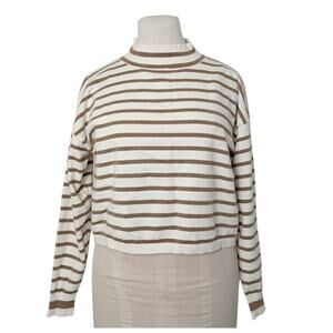 HAZEL MOON Striped Mock Neck Sweater Top Size M Cream Tan Cropped Knit Pullover